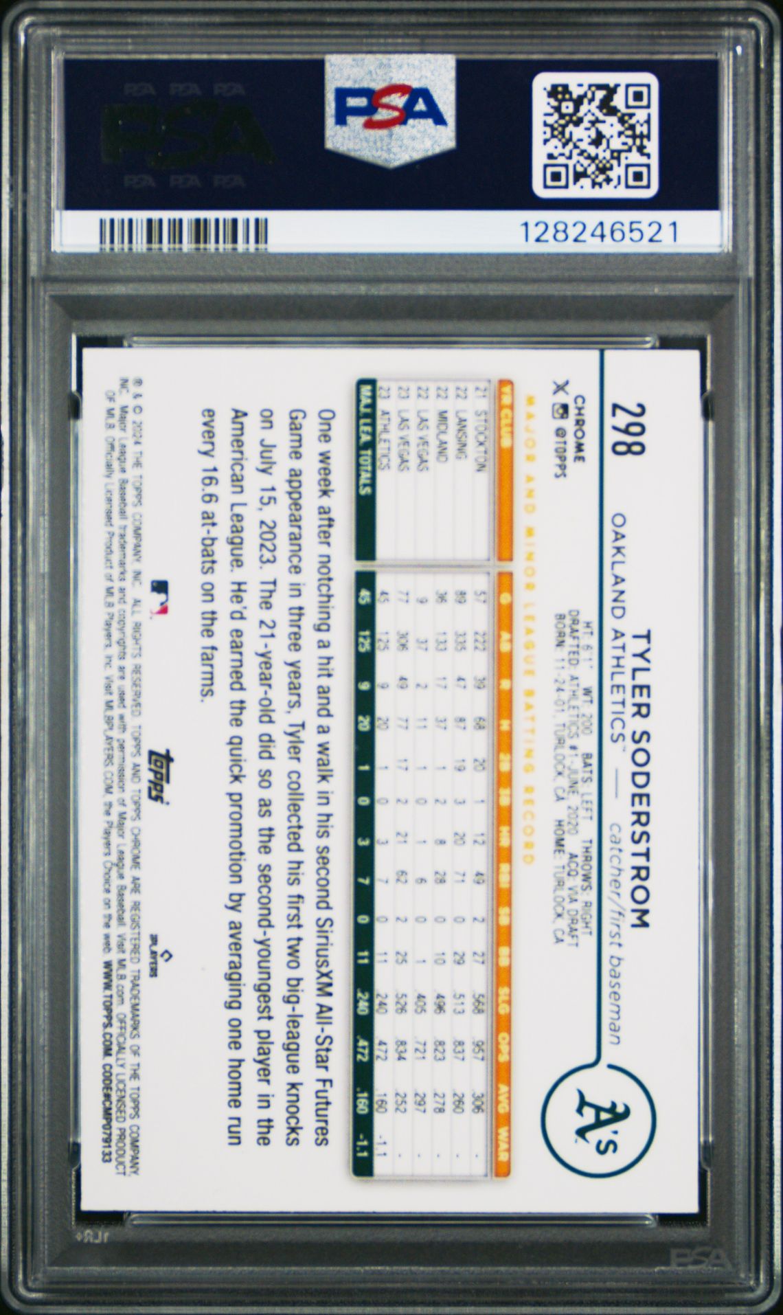 2024 Topps Chrome Logofractor Edition Tyler Soderstrom #298 (Aqua Refractor) Gem Mt 10 back