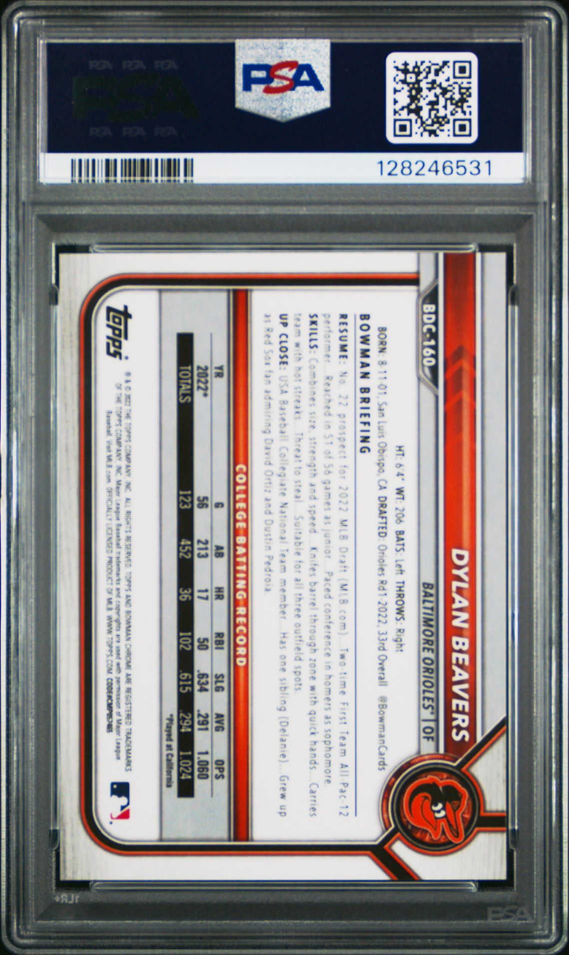 2022 Bowman Draft Chrome Sapphire Edition Dylan Beavers #Bdc160 (Purple) Gem Mt 10 back