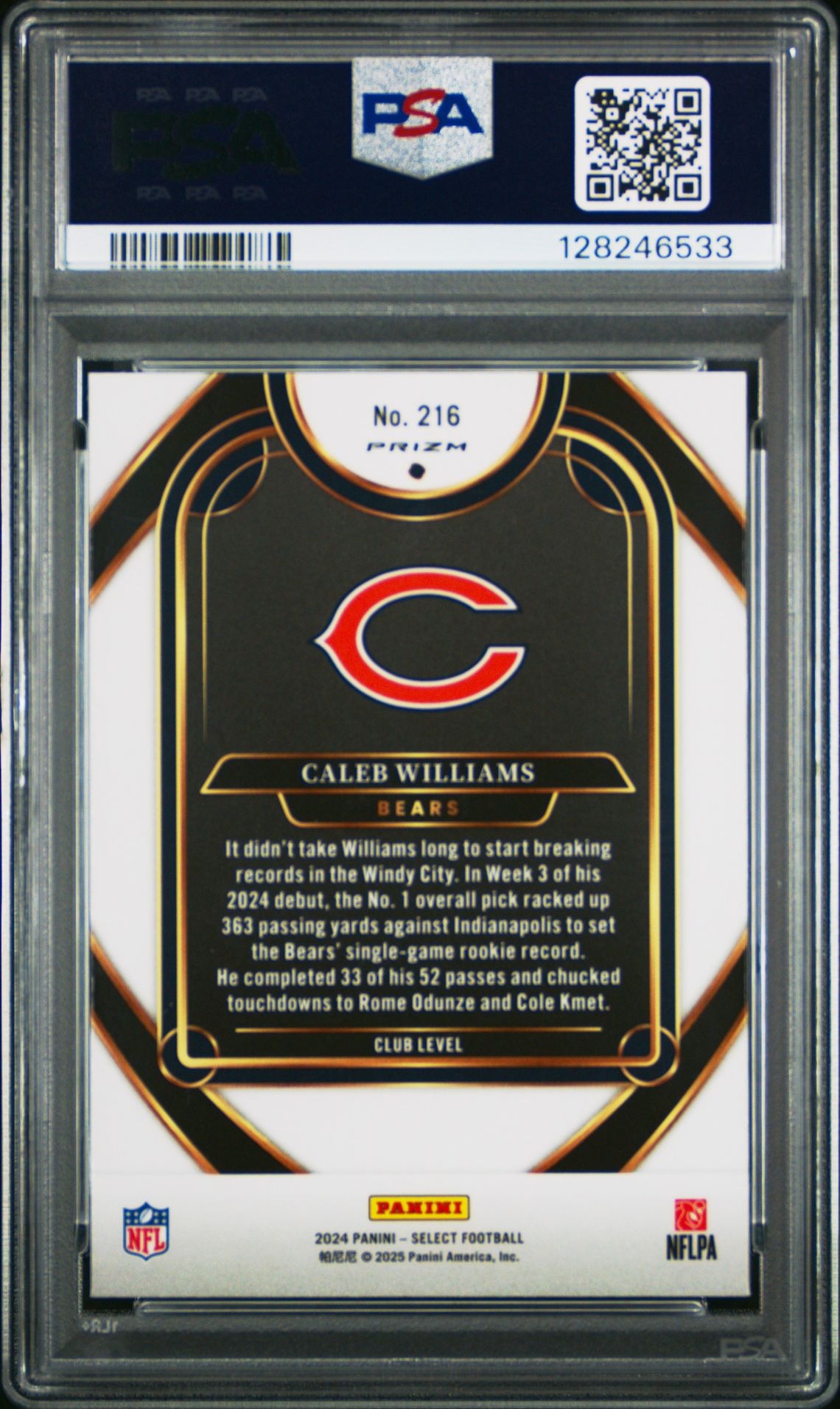 2024 Panini Select Caleb Williams #216 (Black & Orange Shock) Gem Mt 10 back