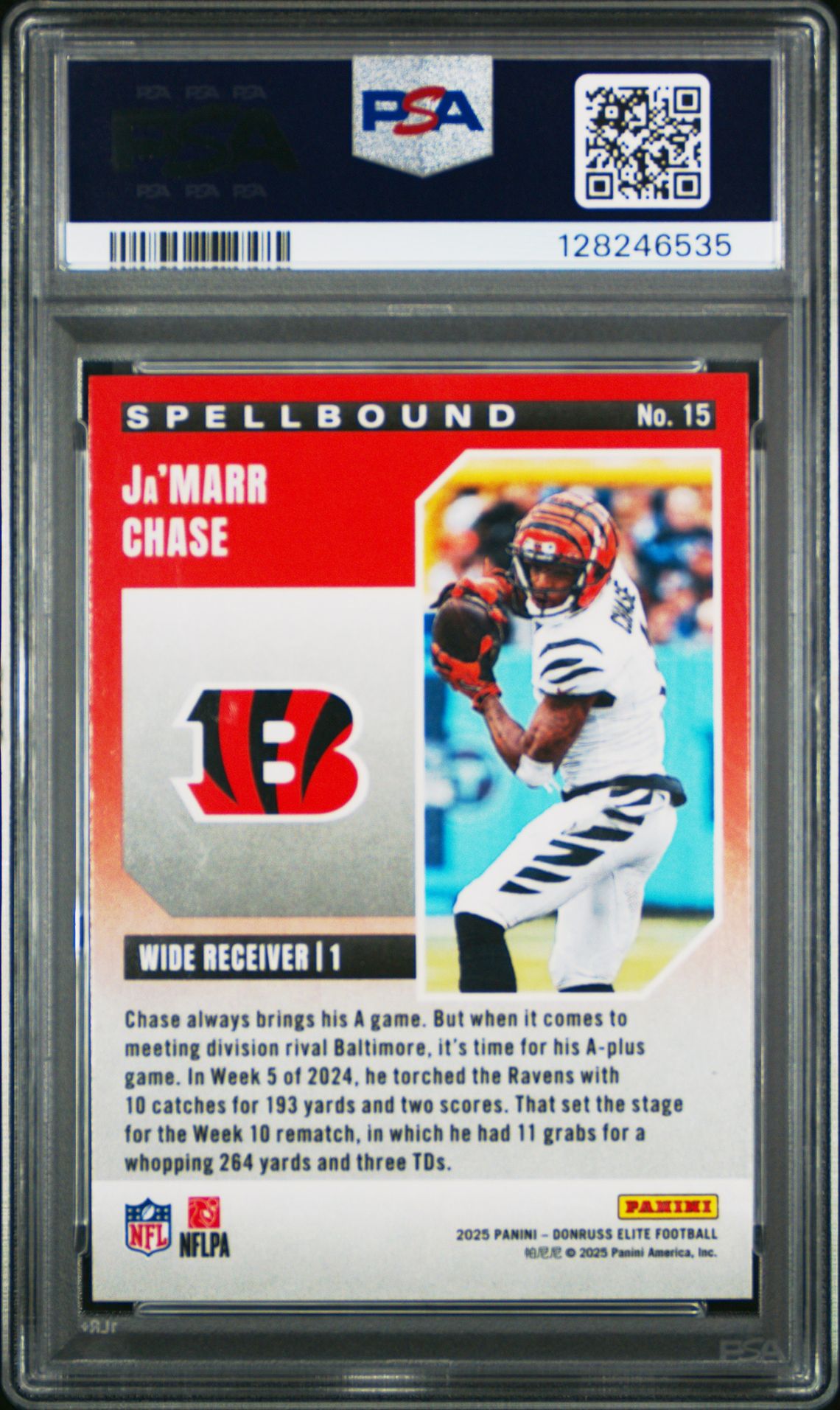 2025 Panini Donruss Elite Spellbound Ja'marr Chase #15 (Spellbound-Red) Gem Mt 10 back