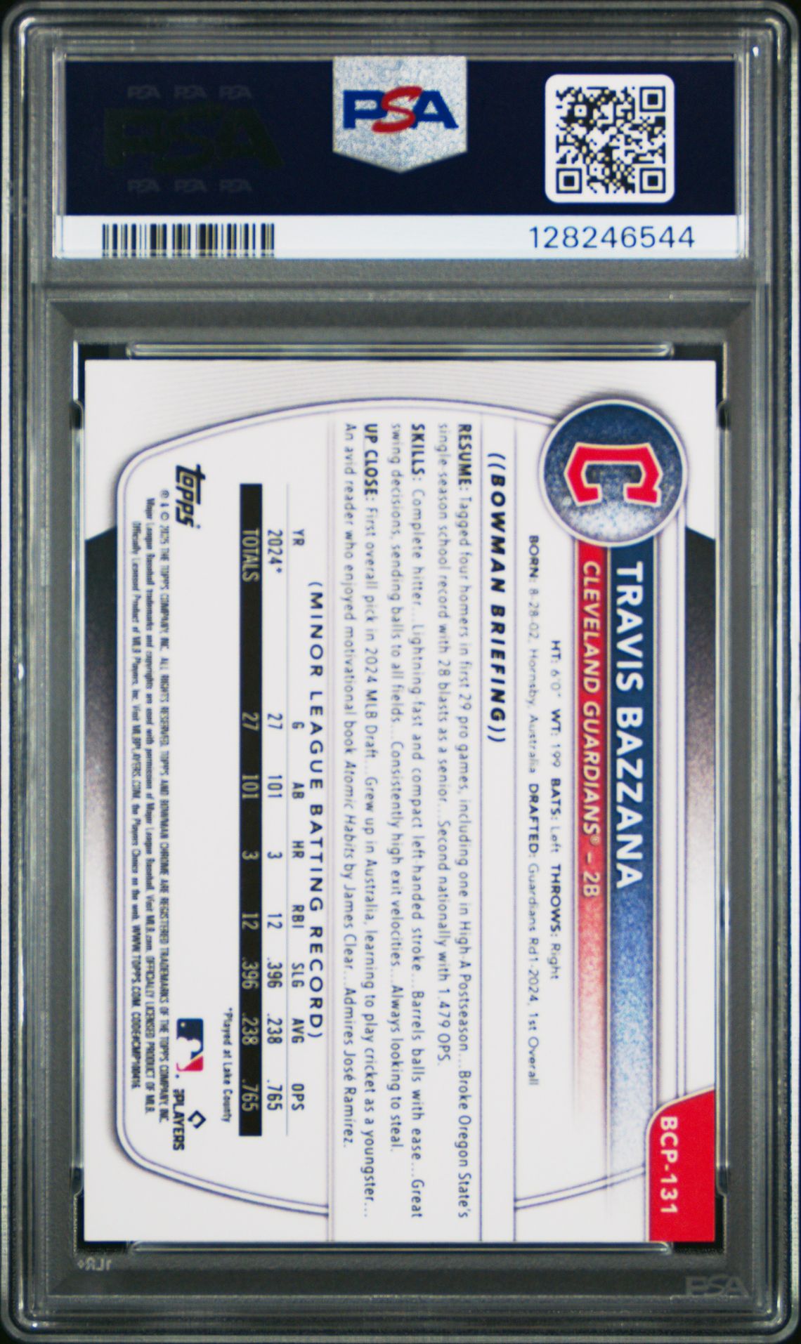 2025 Bowman Chrome Prospects Travis Bazzana #Bcp131 (Chrome Pros-Yellow Wave) Gem Mt 10 back