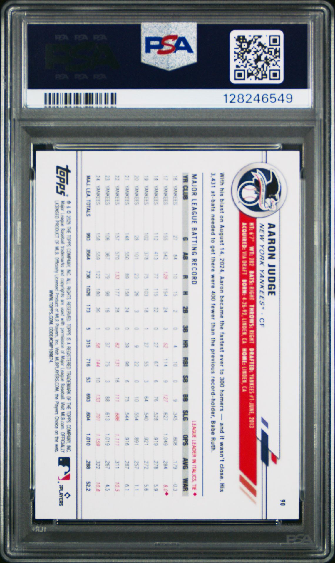 2025 Topps All-Star Game Aaron Judge #90 Gem Mt 10 back