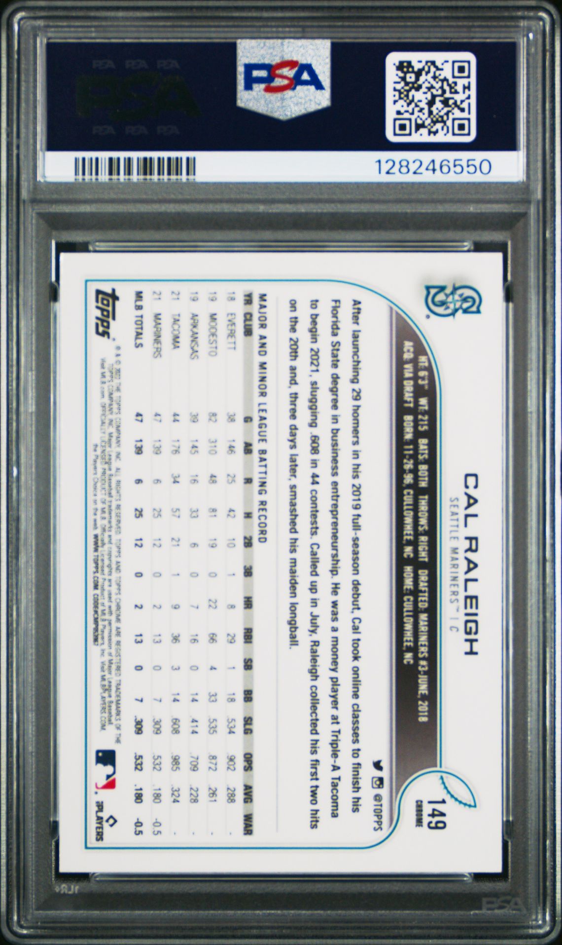 2022 Topps Chrome Cal Raleigh #149 (Pink Refractor) Gem Mt 10 back