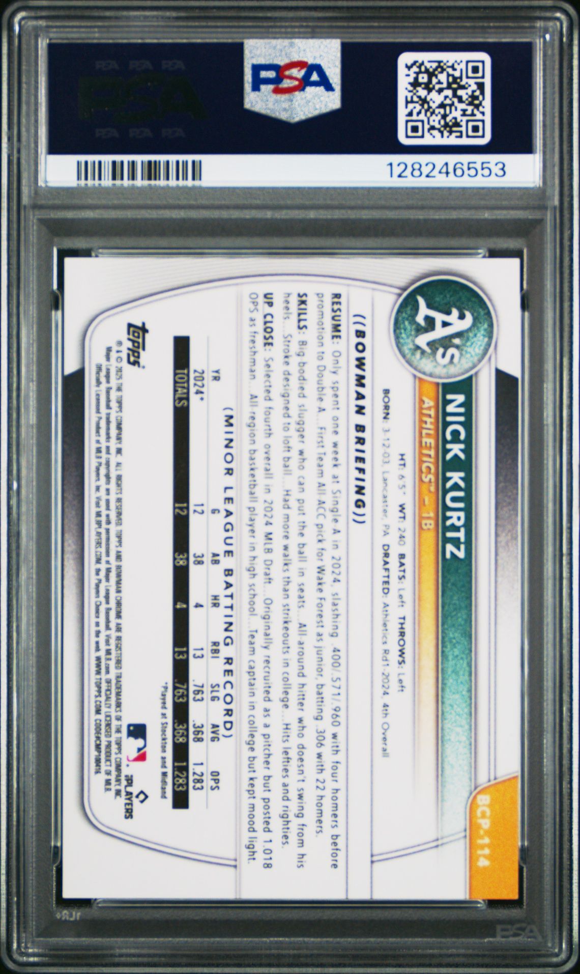 2025 Bowman Chrome Prospects Nick Kurtz #Bcp114 (Chrome Pros-Wave Ref) Gem Mt 10 back