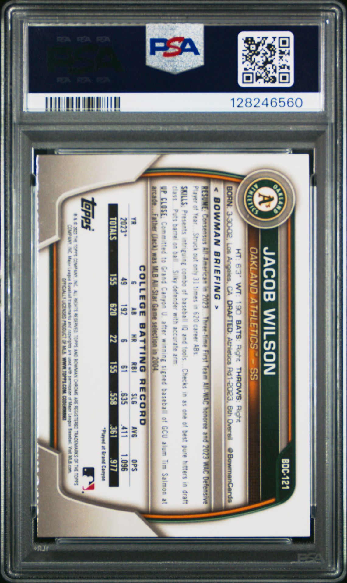 2023 Bowman Draft Jacob Wilson #Bdc121 (Chrome-Lunar Glow Ref) Mint 9 back