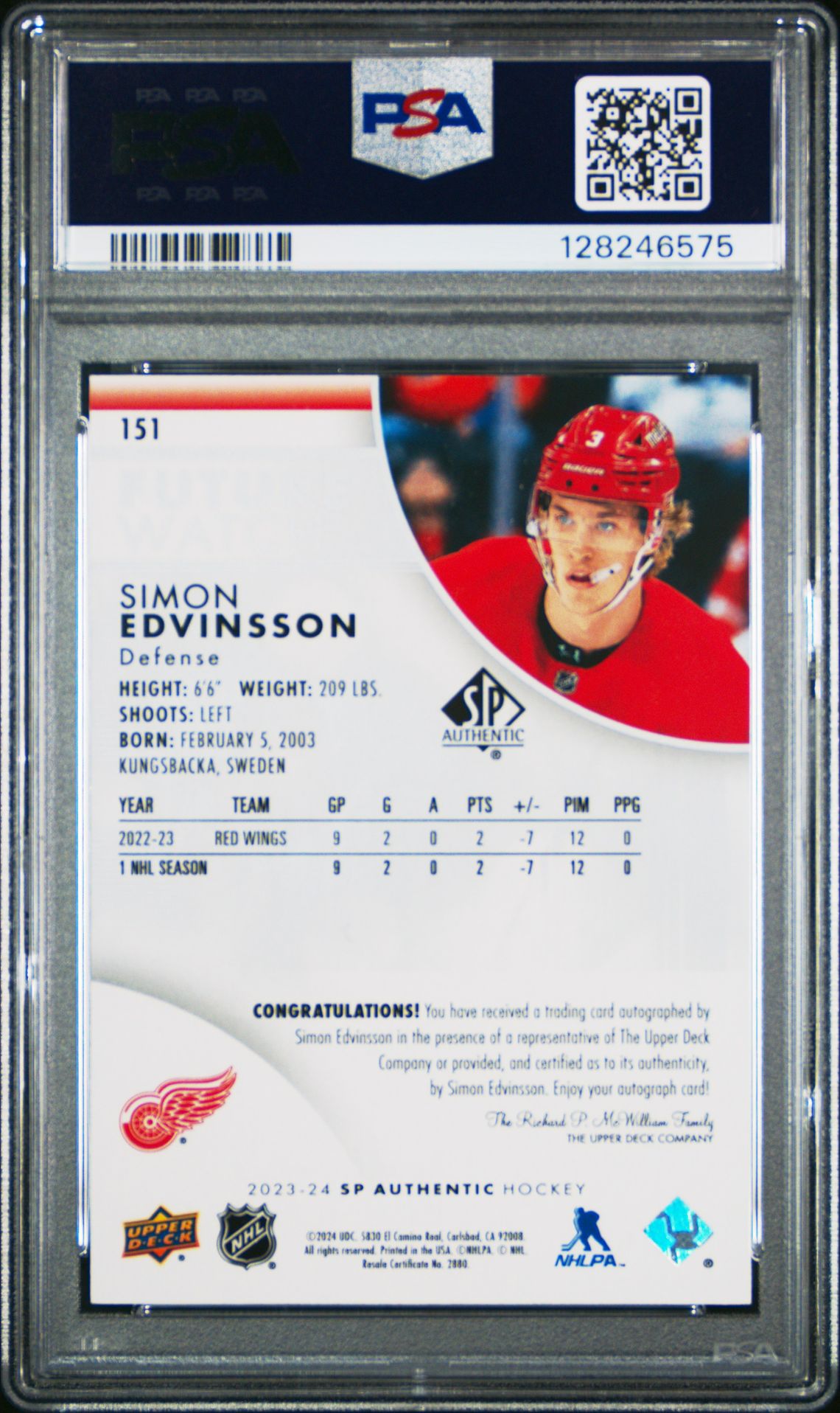 2023 Sp Authentic Simon Edvinsson #151 (Autograph) Gem Mt 10 back