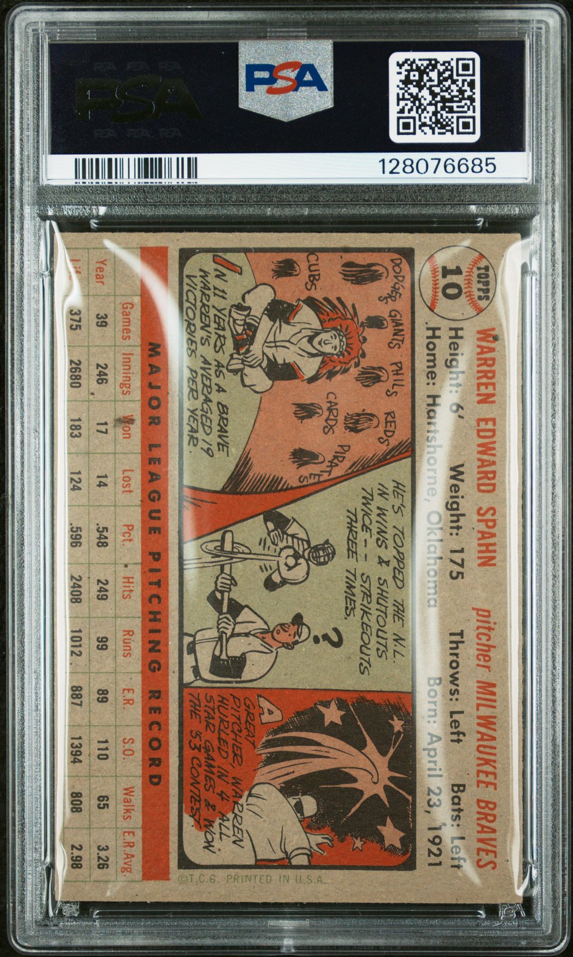 1956 Topps Warren Spahn #10 (Gray Back) Vg 3 back