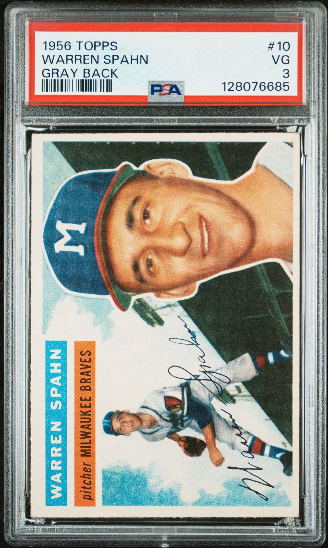 1956 Topps Warren Spahn #10 (Gray Back) Vg 3 front