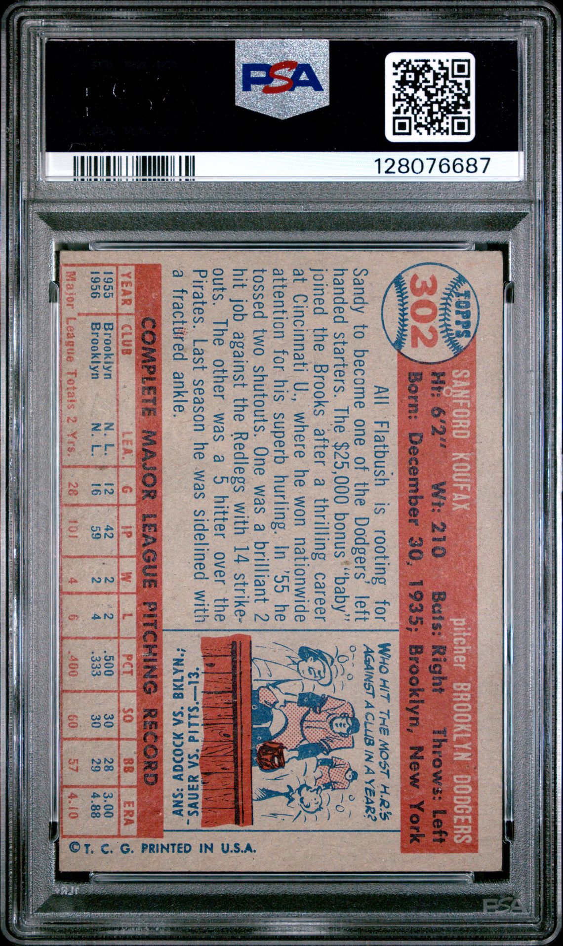 1957 Topps Sandy Koufax #302 Vg-Ex 4 (Mk) back