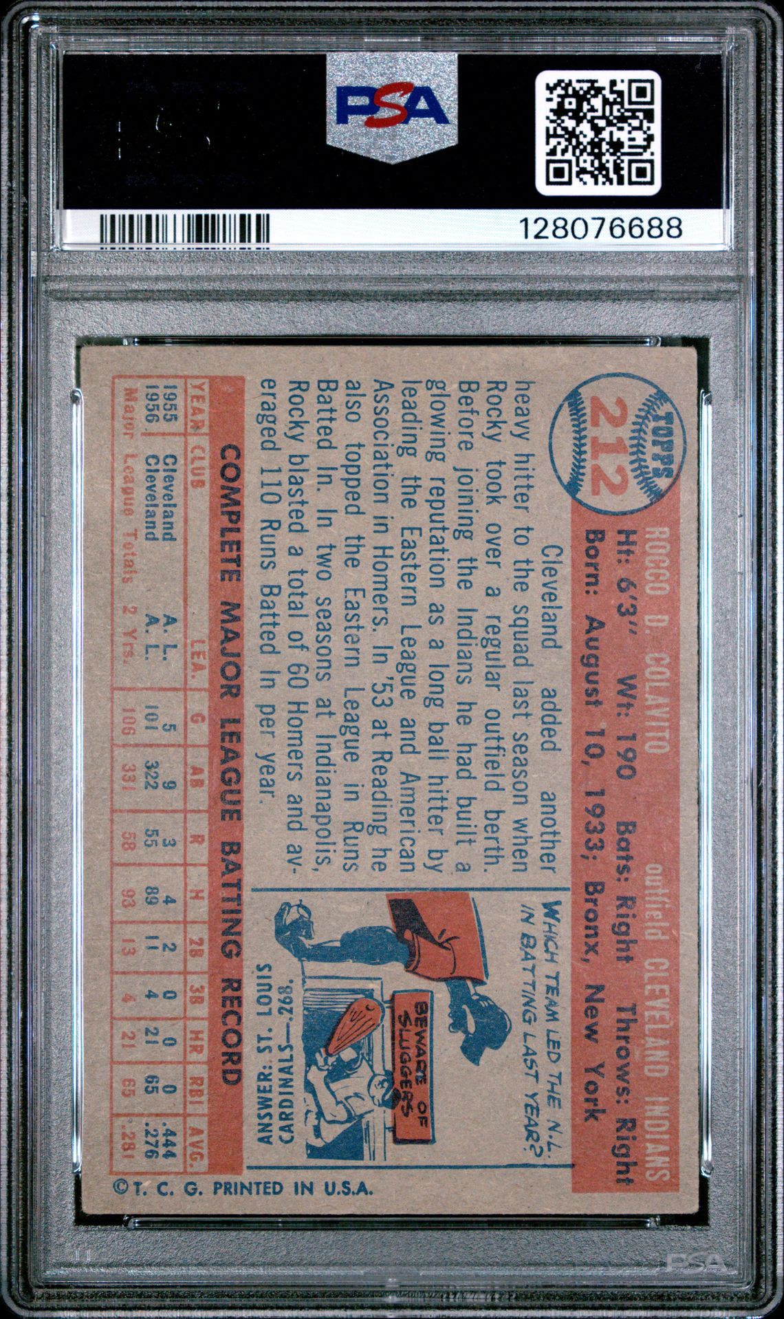 1957 Topps Rocco Colavito #212 Vg-Ex 4 back