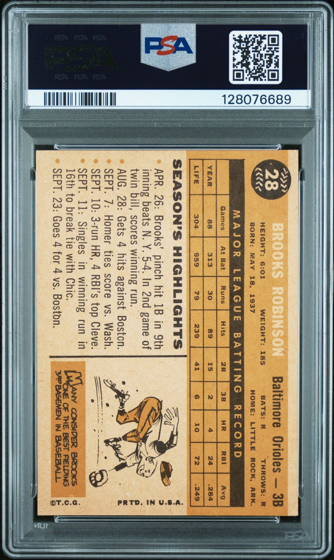 1960 Topps Brooks Robinson #28 Vg+ 3.5 back