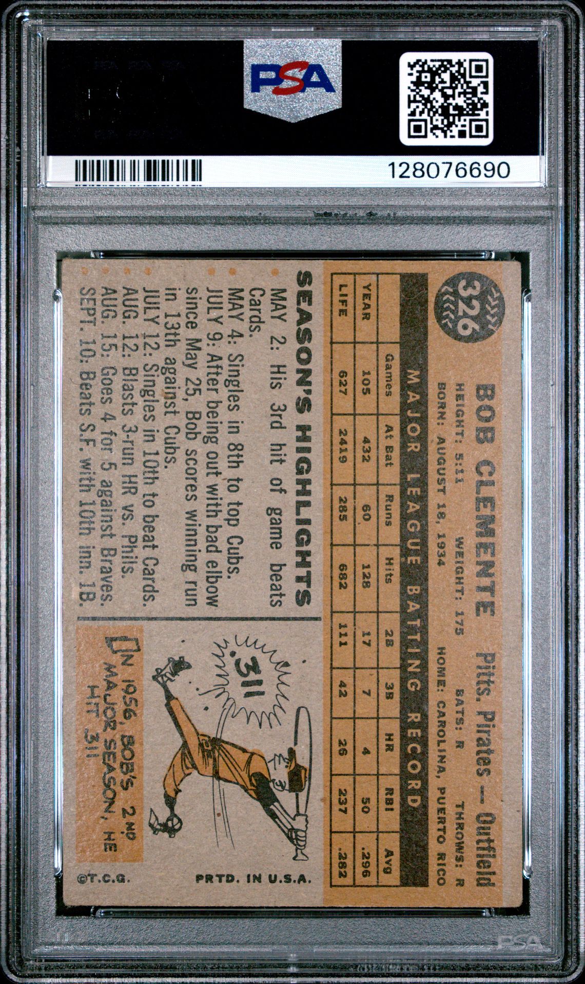 1960 Topps Bob Clemente #326 Vg 3 back