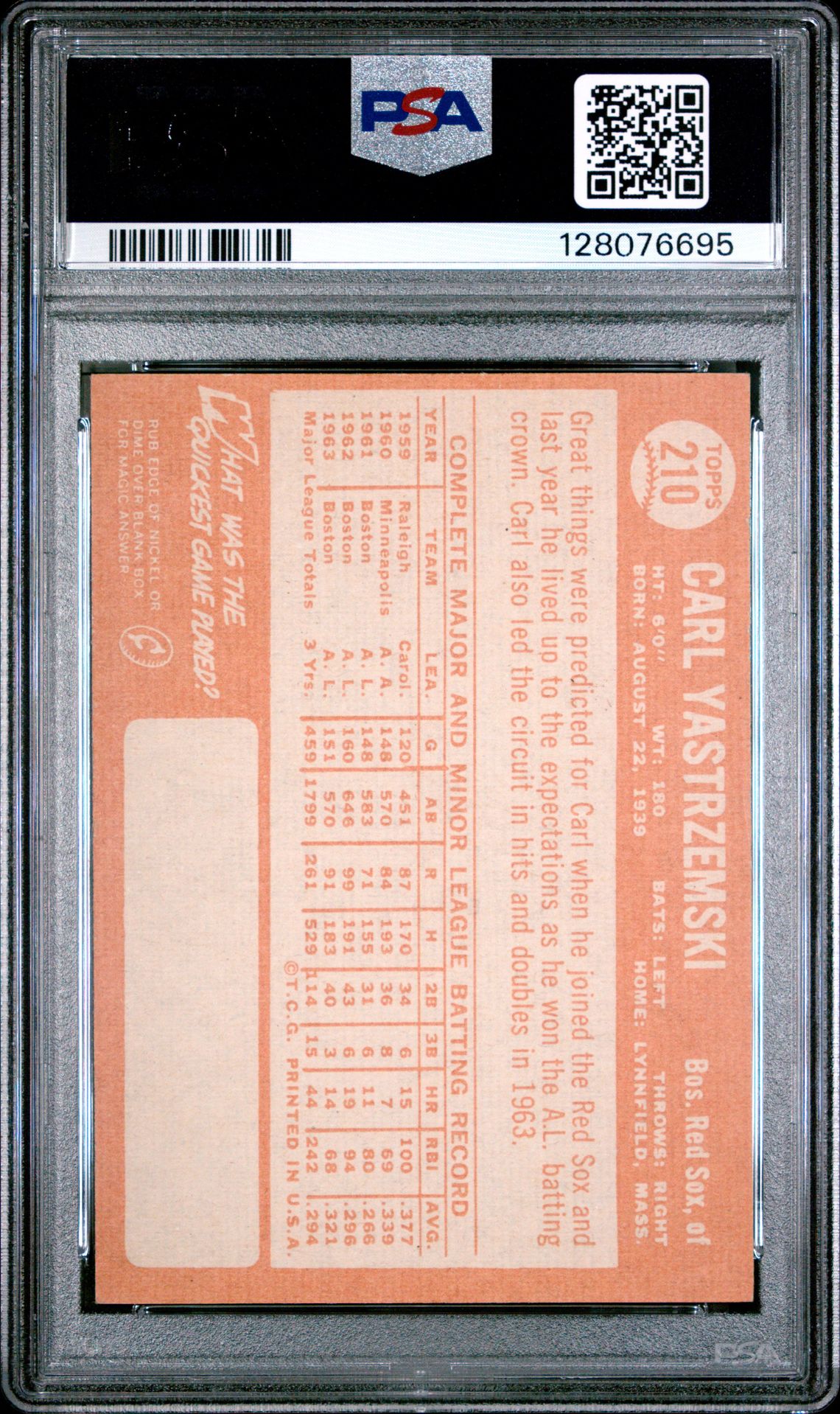 1964 Topps Carl Yastrzemski #210 Ex-Mt 6 back
