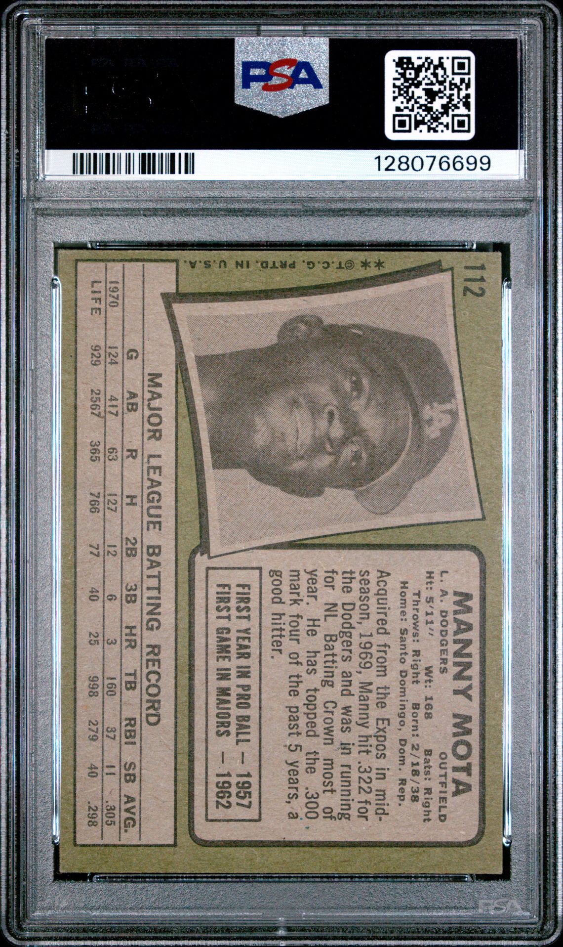 1971 Topps Manny Mota #112 Vg-Ex 4 back