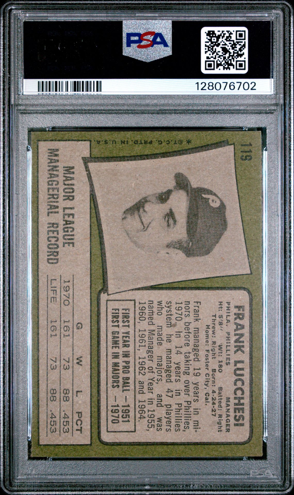 1971 Topps Frank Lucchesi #119 Nm 7 back