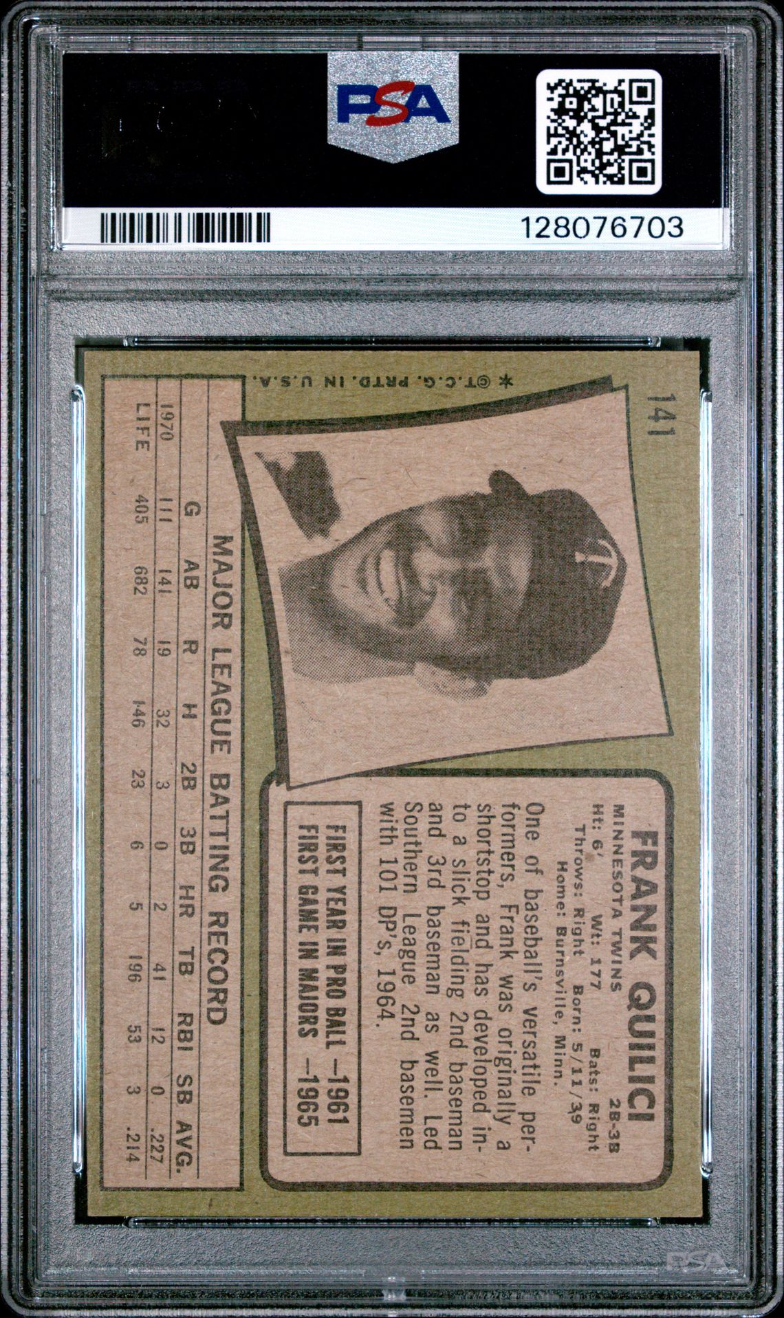 1971 Topps Frank Quilici #141 Ex-Mt 6 back