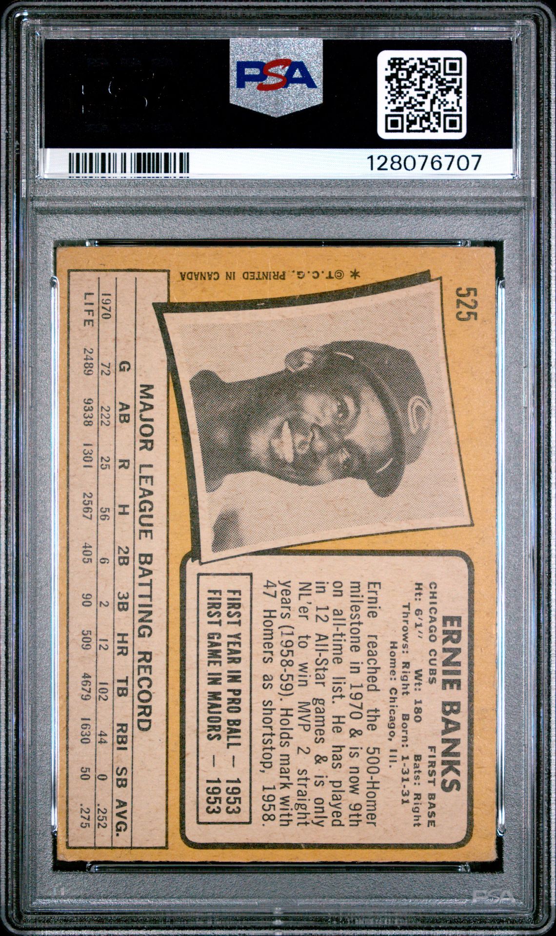 1971 O-Pee-Chee Ernie Banks #525 Vg 3 back