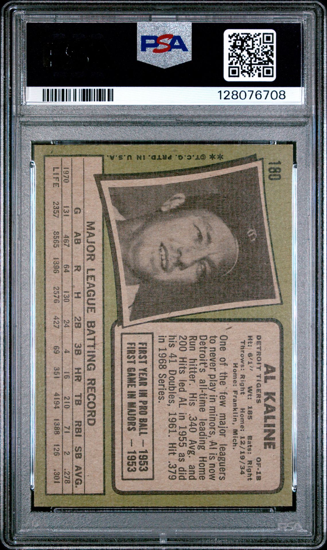 1971 Topps Al Kaline #180 Ex-Mt 6 back