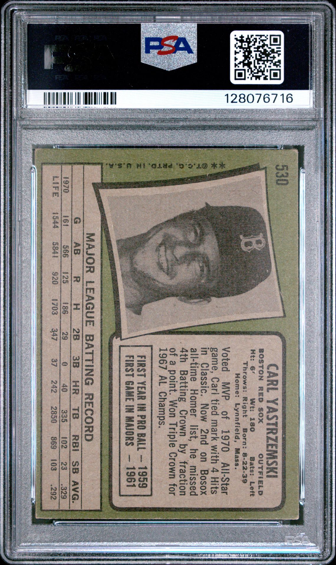 1971 Topps Carl Yastrzemski #530 Vg 3 back