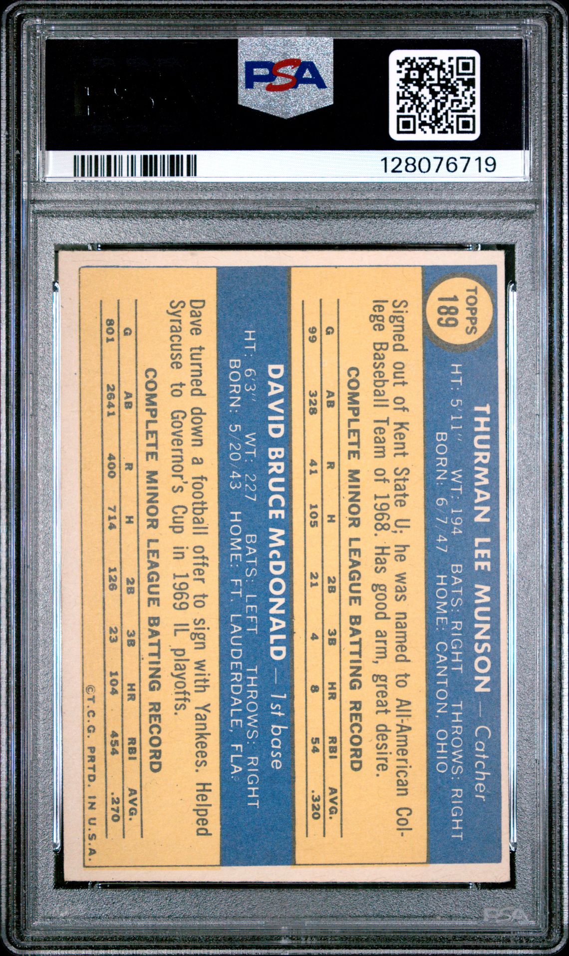 1970 Topps Yankees Rookies #189 (T.munson/D.mcdonald) Vg-Ex 4 back