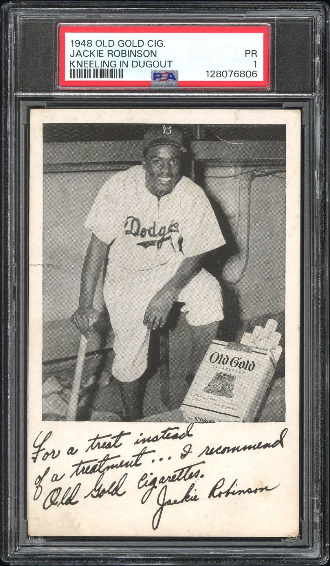 1948 Old Gold Cigarettes Jackie Robinson (Kneeling In Dugout) Pr 1 front