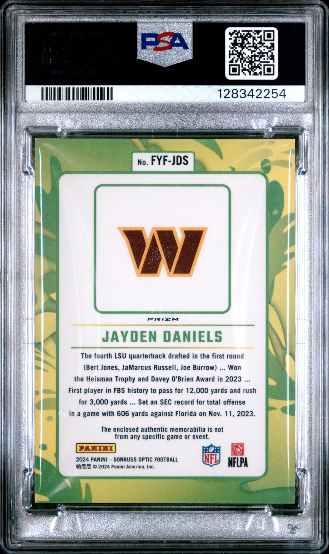 2024 Panini Donruss Optic First Year Fresh Relic Jayden Daniels #Fyfjds Mint 9 back