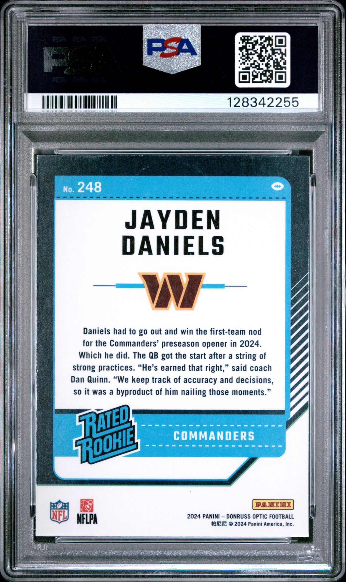 2024 Panini Donruss Optic Jayden Daniels #248 Gem Mt 10 back