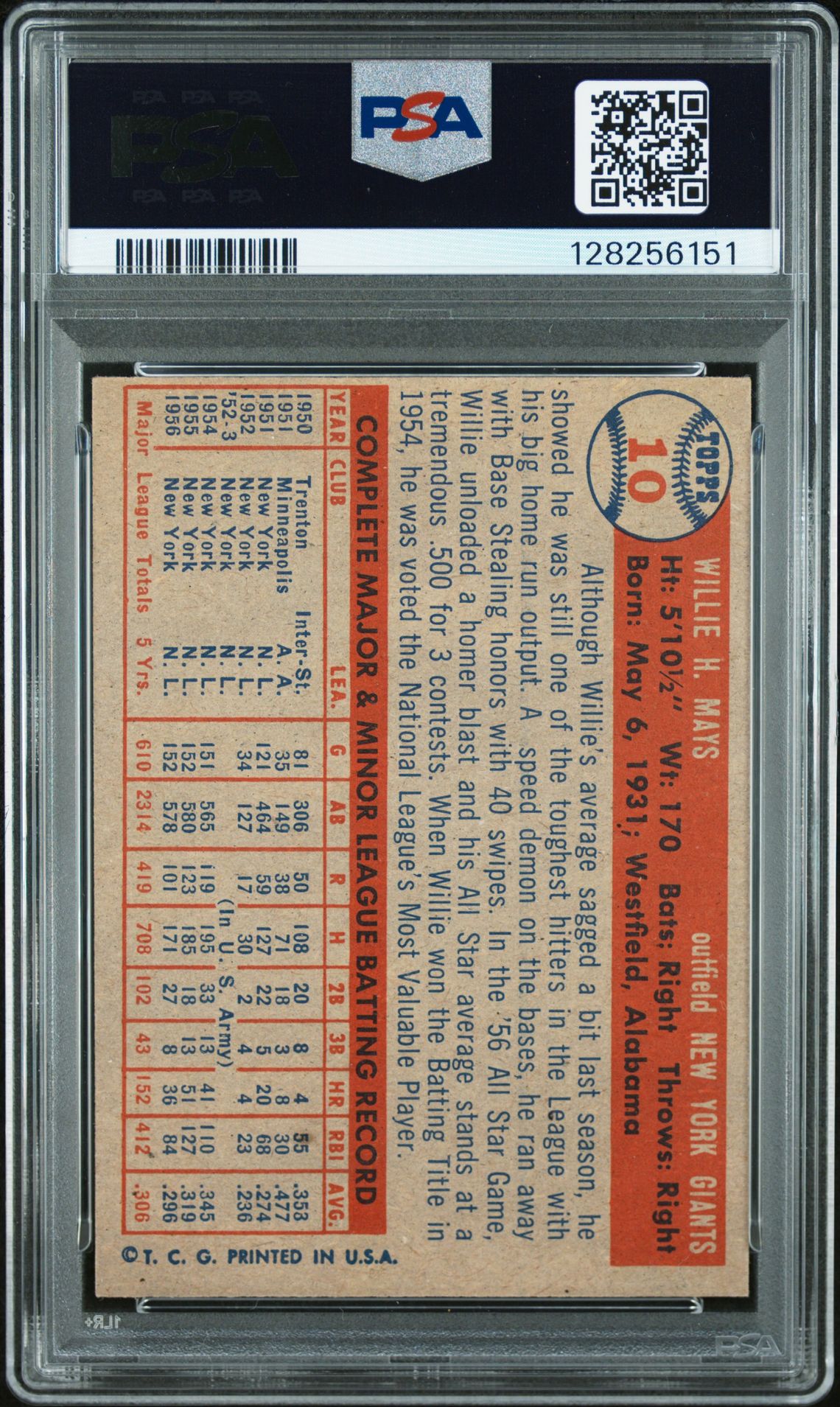 1957 Topps Willie Mays #10 Ex-Mt 6 back