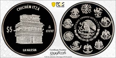 (2011)-Mo 5 Peso Chichen Itza KM-947 La Iglesia PR69DCAM