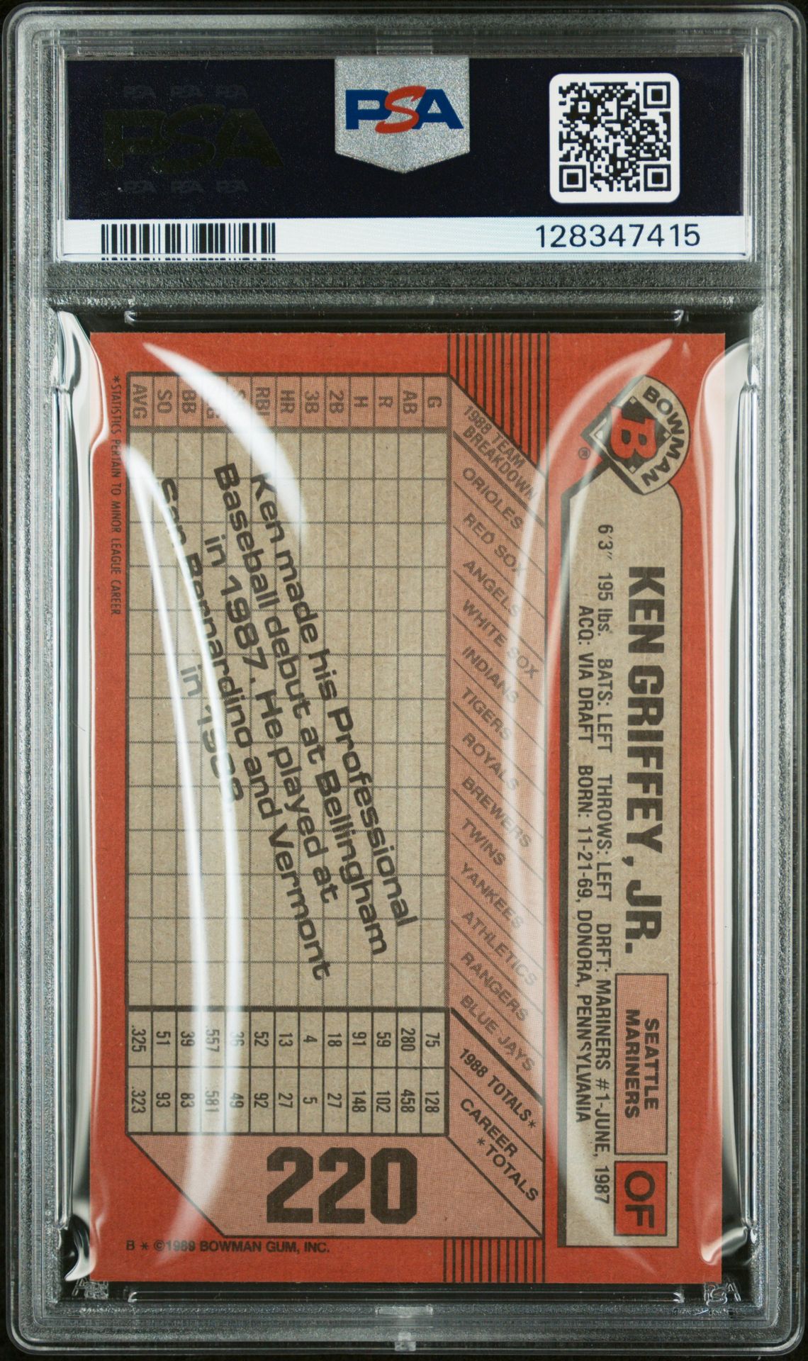 1989 Bowman Ken Griffey Jr. #220 Mint 9 back