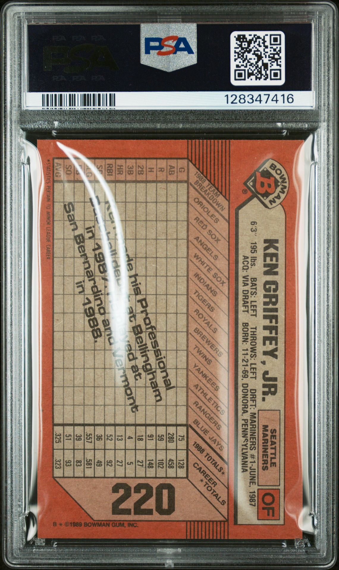 1989 Bowman Ken Griffey Jr. #220 Nm-Mt 8 back