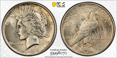 1921 $1 High Relief, Peace AU58