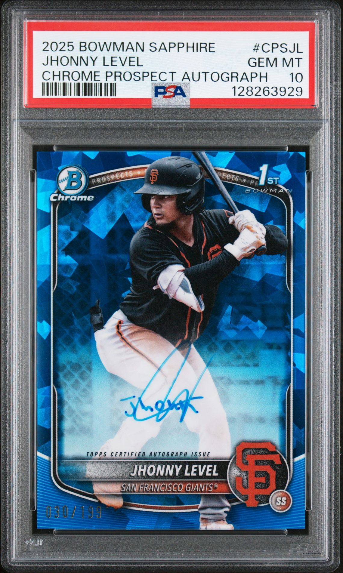 2025 Bowman BOWMAN SAPPHIRE EDITION CHROME PROSPECTS SAPPHIRE AUTOGRAPHS CHROME PROSPECT AUTOGRAPH #CPSJL Jhonny Level front