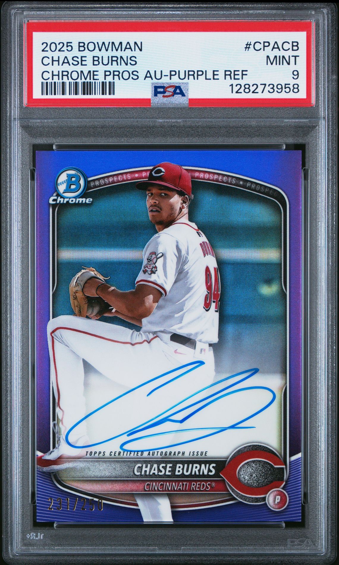 2025 Bowman BOWMAN CHROME PROSPECT AUTOGRAPHS CHROME PROS AU-PURPLE REF #CPACB Chase Burns front