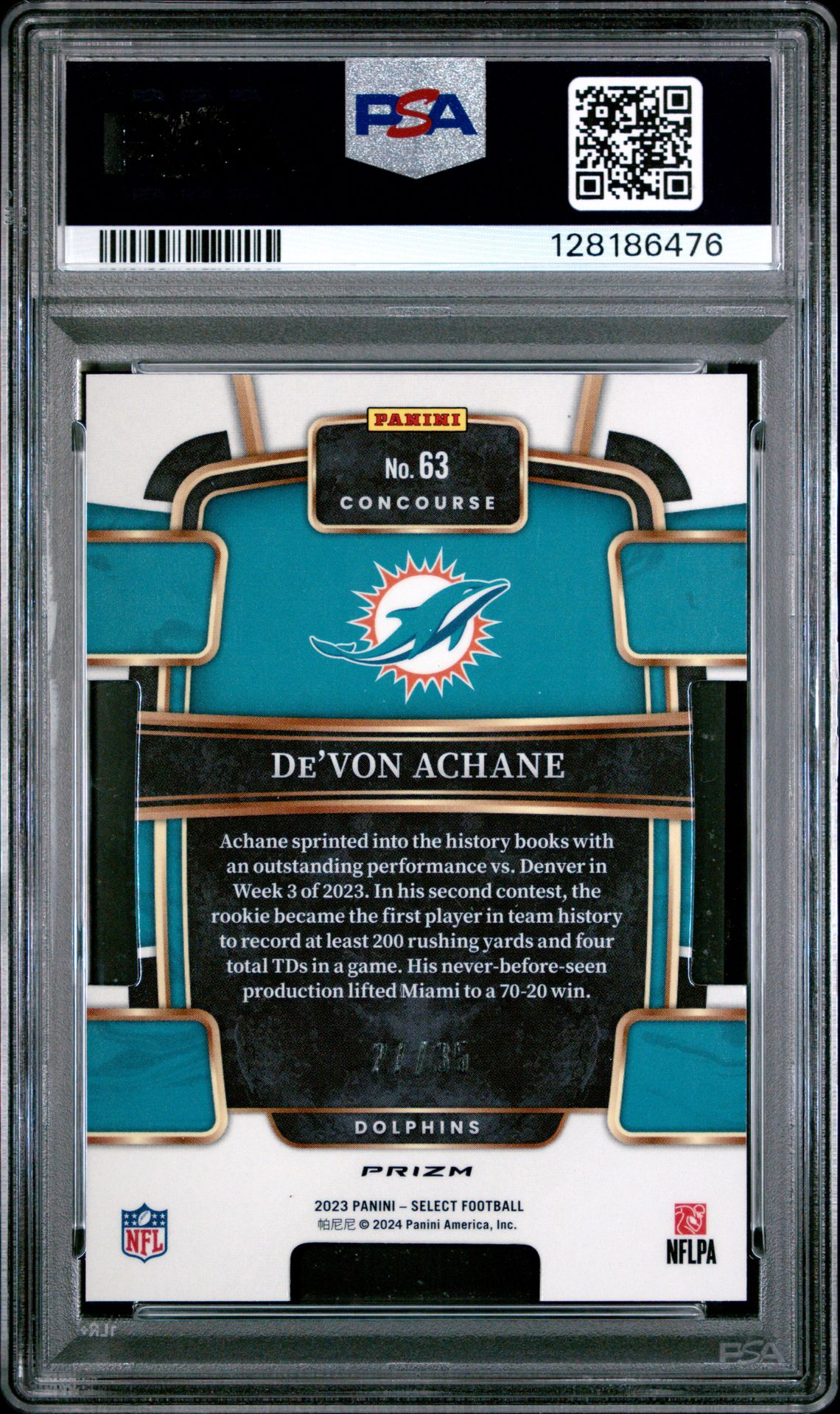 2023 Panini Select De'von Achane #63 (Die-Cut Blue & Orange Prizm) Mint 9 back