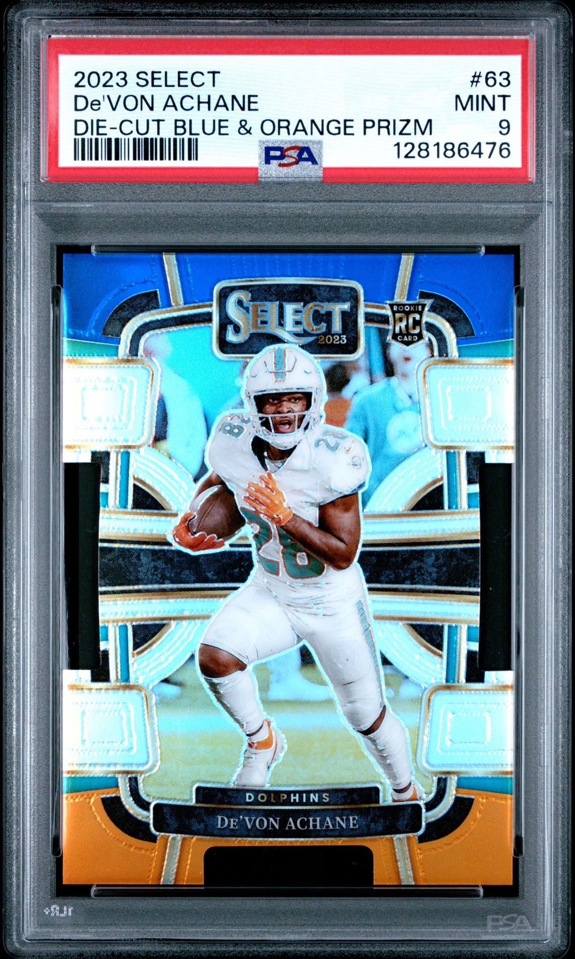 2023 Panini Select De'von Achane #63 (Die-Cut Blue & Orange Prizm) Mint 9 front