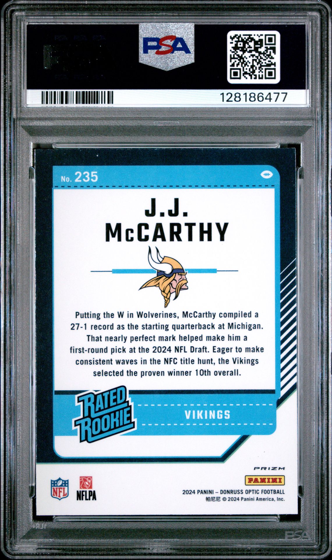2024 Panini Donruss Optic Jj Mccarthy #235 (Purple Shock) Mint 9 back