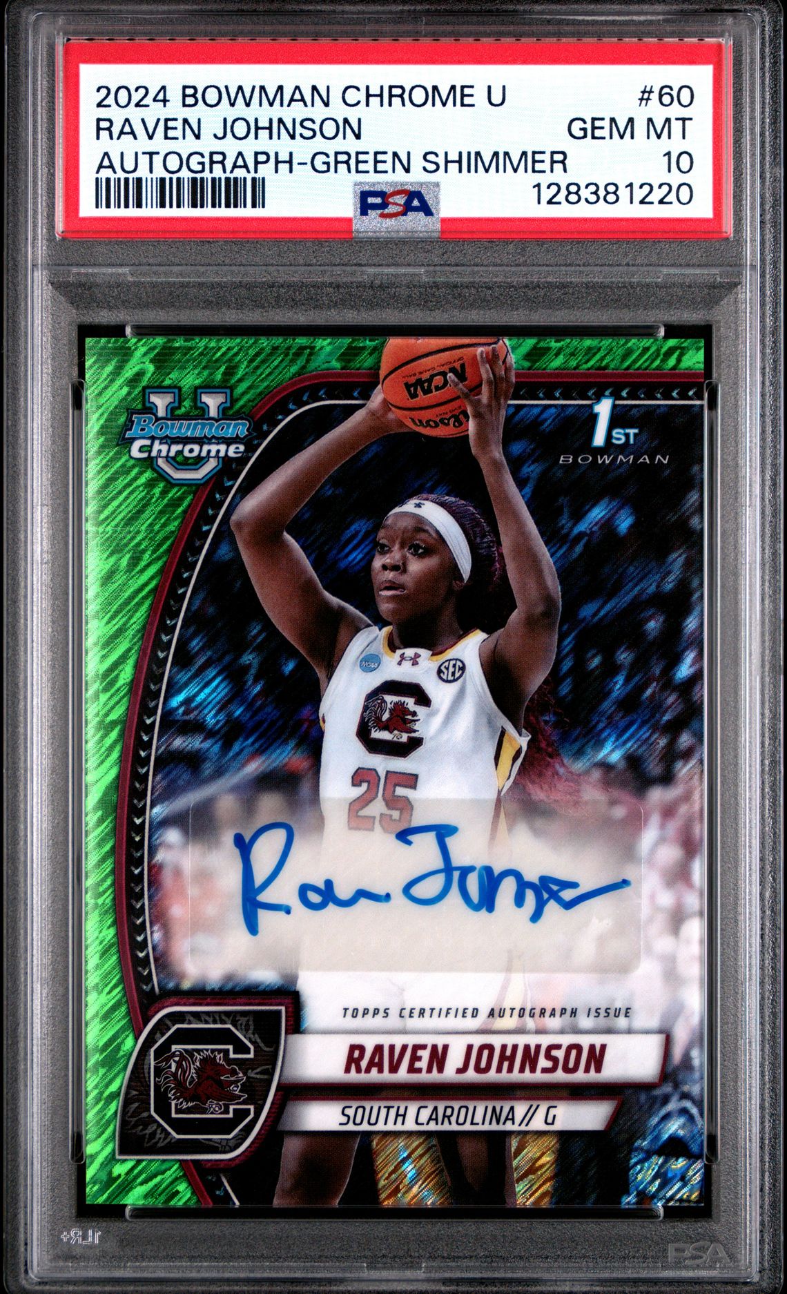 2024 Bowman Chrome BOWMAN CHROME UNIVERSITY AUTOGRAPH-GREEN SHIMMER #60 Raven Johnson front
