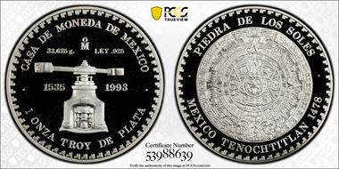 1993-Mo Onza Aztec Sun Stone .925 Ag PR68DCAM