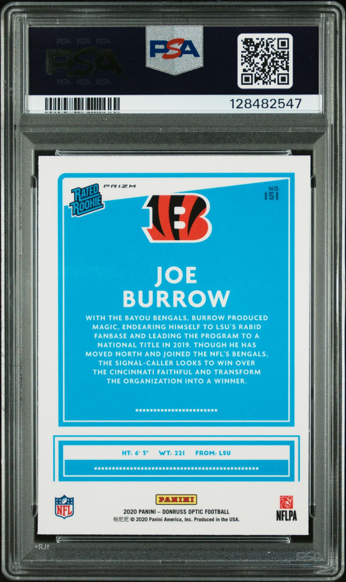 2020 Panini Donruss Optic Joe Burrow #151 (Holo) Mint 9 back