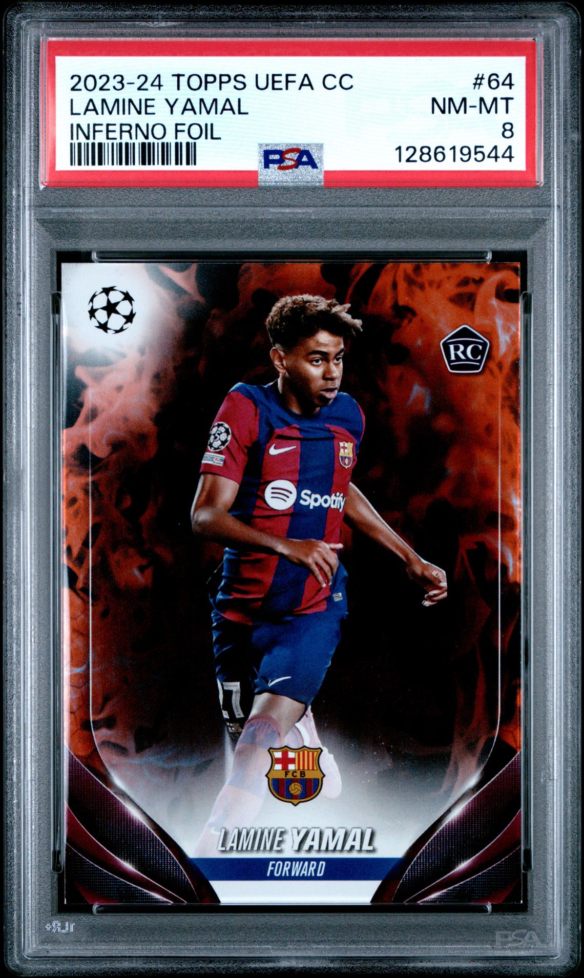 2023-24 Topps TOPPS CHROME UEFA CLUB COMPETITIONS BLACK LAZER AUTOGRAPHS BLACK LAZER AUTO-GOLD REF #LY Lamine Yamal front