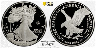 2025-W $1 Silver Eagle w/ Laser Privy First Strike PR70DCAM