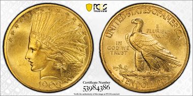 1908 $10 Motto MS64
