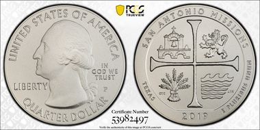 2019-P 25C San Antonio Missions NP 5 oz Silver First Strike SP69