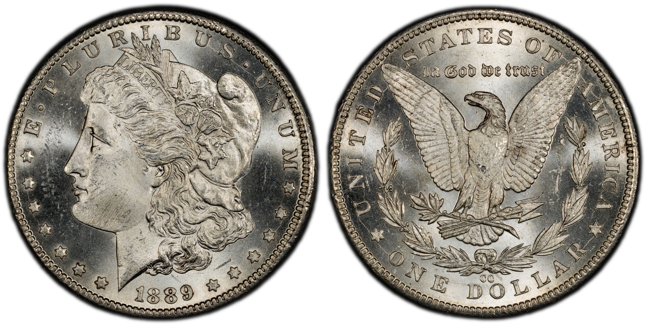 1889-CC morgan dollar — obverse and reverse, graded MS64+