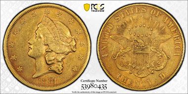 1861-S $20 Paquet AU50