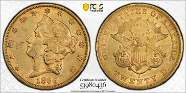 1866-S $20 No Motto AU58