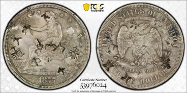 1877-S T$1 TDV-34, No Periods Chopmarked XF40