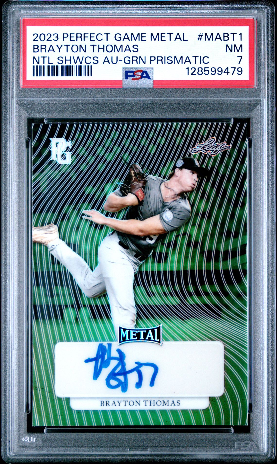 2023 Leaf LEAF METAL PERFECT GAME NATIONAL SHOWCASE AUTOGRAPHS NTL SHWCS AU-GRN PRISMATIC #MABT1 Brayton Thomas front