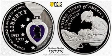 2022-W $1 National Purple Heart Hall of Honor Colorized PR69DCAM
